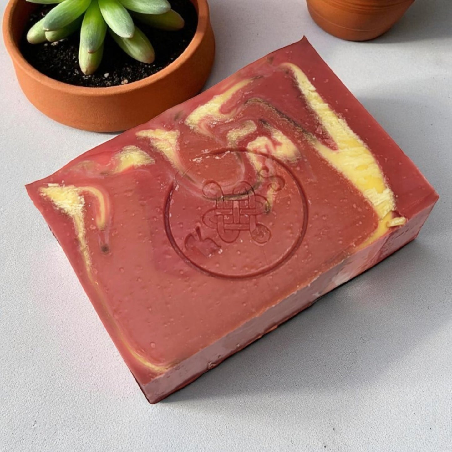 Marbled red and yellow soap bar with a logo on a light gray surface, next to a small potted plant.